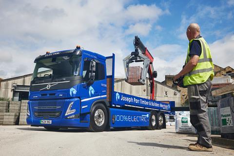 Joseph Parr (Alco) has taken delivery of a Volvo FM Electric 6x2 rigid, believed to be the first  zero-tailpipe heavy-duty truck working for a builders’ merchants in the UK.