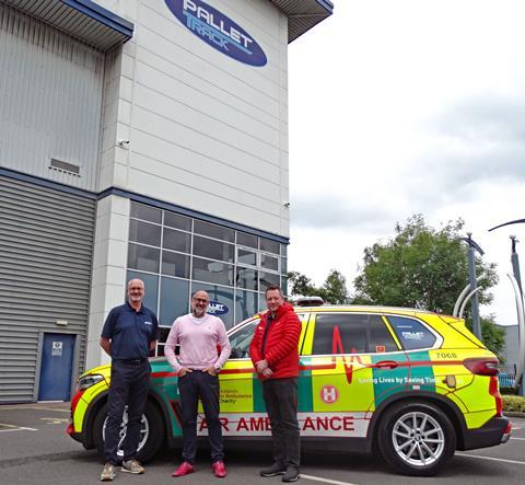 L-R: Jon Cottrell, senior partnership executive at Midlands Air Ambulance Charity, Stuart Godman, CEO of Pallet-Track and Simon Picken, clinical logistics manager at Midlands Air Ambulance Charity.